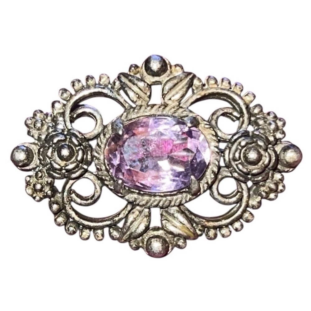 Vintage Victorian Sterling Silver Purple Rhinestone Brooch England 11.9g